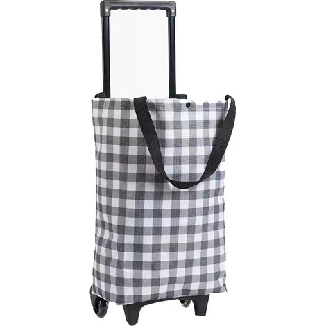 Chariot de courses pliable et portable en tissu Oxford avec roulettes, poignée extensible pour les déplacements, motif quadrillé noir et blanc. (1/5)
