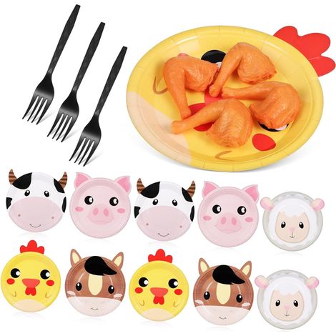 100 assiettes et fourchettes en carton sur le thème des animaux de la ferme, avec fourchettes noires, pour les garçons et les filles (1/5)