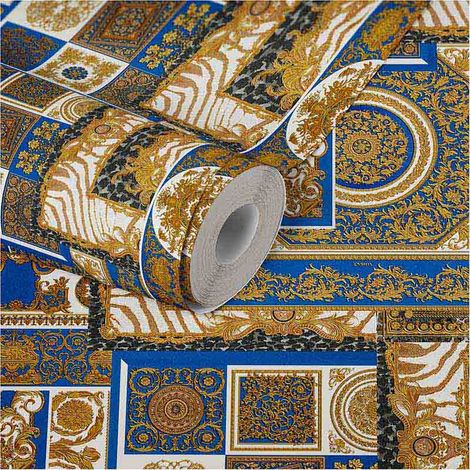 Papier peint baroque doré bleu & blanc Tapisserie imitation carreaux de ciment originale Papier peint parfait pour salon (1/5)