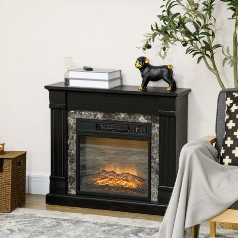 Cheminée électrique avec flamme réaliste 3 niveaux - minuterie et chauffage - silencieuse - télécommande - thermostat - 1800W - noir (1/4)