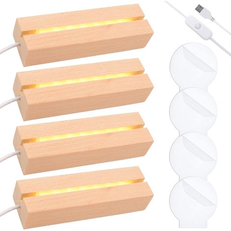 Lot de 4 socles LED en bois - Socle lumineux LED avec panneau lumineux et interrupteur USB - Couleurs chaudes - 15 cm de long - Base d'affichage pour bloc de verre, cristaux, verre, résine (1/5)