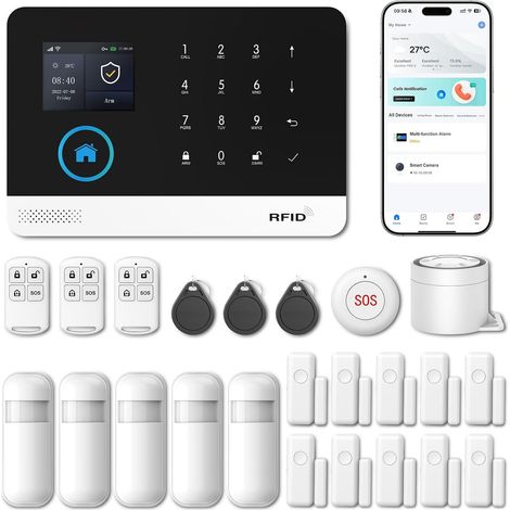 Système d'alarme maison 4G sans fil – 24 pièces – Détecteur de mouvement, capteurs de porte/fenêtre, sirène – Compatible Alexa et Google (1/5)