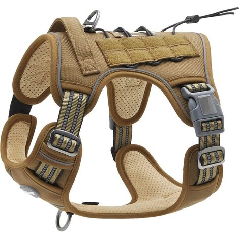 Harnais de Chien Anti Traction, Harnais Tactique Chien Respirant Réglable Facile à Mettre pour Moyen Grand Chien, Gilet Durable Réfléchissant - M - Brun