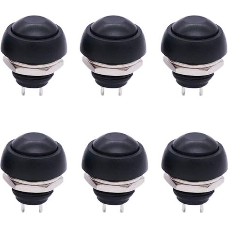 Lot de 6 mini-interrupteurs à bouton-poussoir momentanés ronds et étanches, noirs, trou de montage de 12 mm (1/2"), marche/arrêt PBS-33B-BK