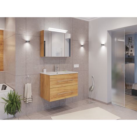 Badmöbel Set Firenze 70 2tlg. Spiegelschrank Softclose eiche gold