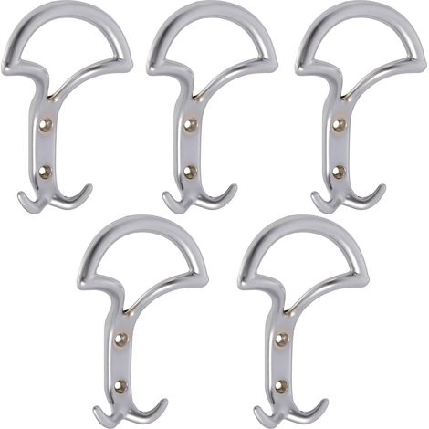 Lot de 5 Patères murales triples 145x92x44 mm - crochet/cintre suspension porte-manteau chapeau peignoir salle de bain serviette douche WC - en métal - finition argent mat (1/5)