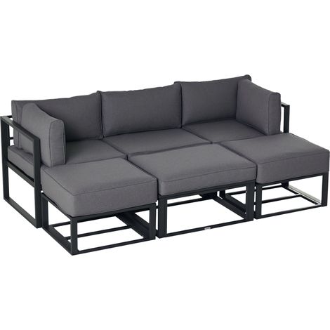 6-Piece Grey Aluminum Outdoor Sectional Sofa Set with Coffee Table,Footstool and Cushions for Garden and Patio Conversations