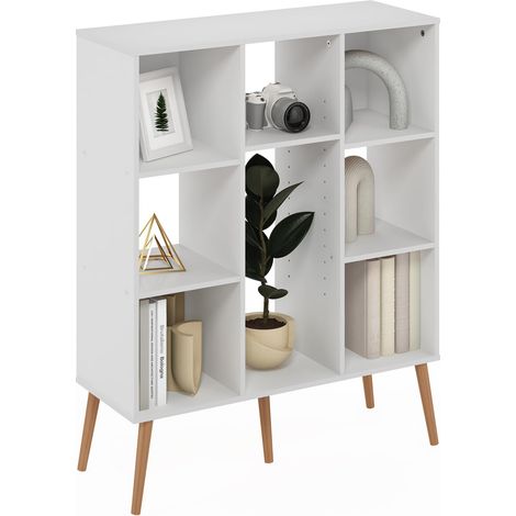 Bibliothèque Style Milieu du Siècle, Bibliothèque À 8 Cubes, Étagère De Rangement Cubique avec Pieds en Bois, 27,7 X 80 X 99,8 Cm, pour Salon, Chambre, Bureau, Blanc (1/5)