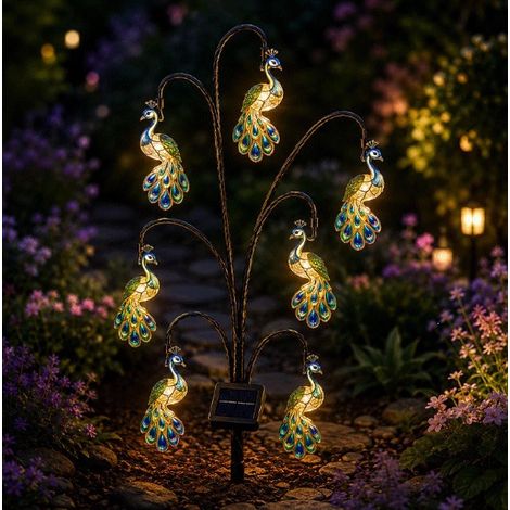 Lampe de jardin créative - Lampe solaire en forme de souche en forme d'oiseau (Paon)
