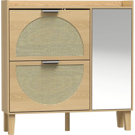 Meuble à chaussures 10 paires - Chêne - Armoire à chaussures avec porte en miroir, 2 tiroirs rabattables et étagères réglables - Pour entrée - Design élégant (1/5)