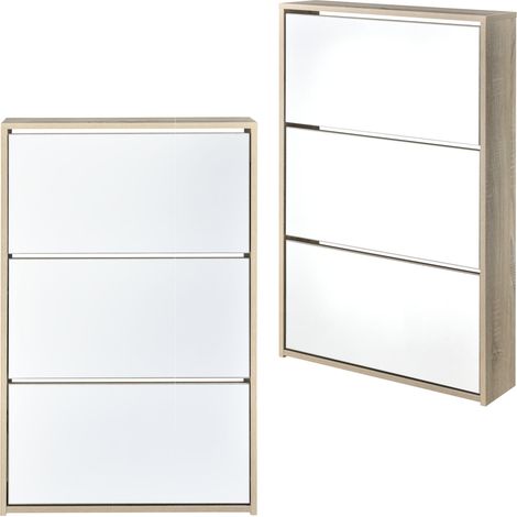 Meuble à chaussure rangement porte-chaussures pour 9 pairs de chaussures 3 surfaces de stockages MDF miroir 102,5 x 63 x 17 cm chêne