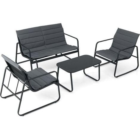 Ensemble salon de jardin 4 pièces gris : 2 fauteuils, banquette 2 places, table basse verre trempé et coussins amovibles, cadre métallique pour terrasse, balcon et jardin (1/5)