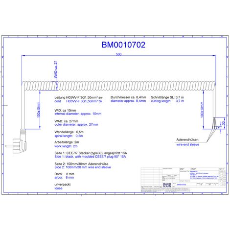 BACHMANN Câble spiralé H05VV-F 3G 1,5mm² L:0,5m n/n AEH/CEE7/7, BM0010702