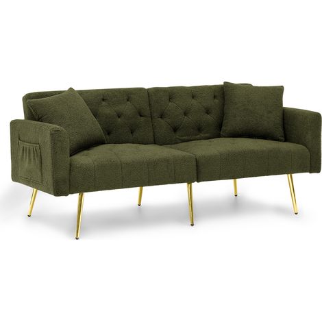 Canapé 2 places moderne en teddy bouclé, dossier réglable sur 3 niveaux, 2 coussins inclus, pieds métalliques stables, doux et confortable pour salon, appartement en location, petit appartement, vert (1/5)