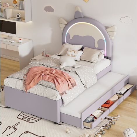 Kinderbett Cartoon-Einhorn aus PU in Violett 90x200 cm mit Kopfteil und ausziehbarem Rollbett (1/5)