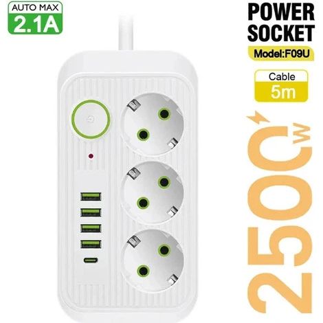 Steckdosenleiste mit 3 Steckdosen und 4 USB-Anschlüssen (1 USB-C-Anschluss), 8-in-1-Steckdosenleiste für Zuhause und Büro, Weiß