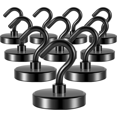 Lot de 10 crochets magnétiques noirs de 50 kg - Aimants de terre haute performance avec crochets extra puissants pour accrocher (noir) (1/5)