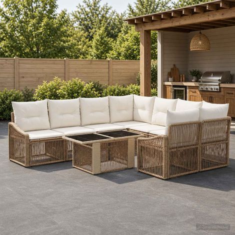 vidaXL Set Divano da Giardino 9 pz Beige e Bianco Crema polyrattan (1/5)
