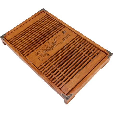 Plateau à thé Kungfu chinois avec système de drainage et réserve d'eau, en bois, avec tuyau d'évacuation et orchidée jaune. (1/5)