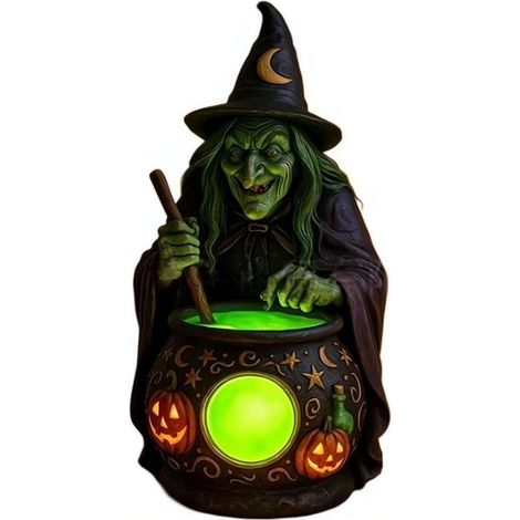 Décoration d'Halloween avec chaudron lumineux de sorcière, figurine décorative en résine alimentée par batterie pour la maison, l'étagère et la cheminée (1/5)