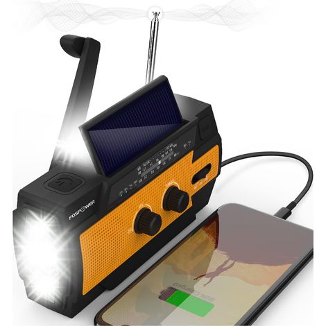 Notfall-Wetterradio, 4000 mAh (A3-Modell), Solar-/Kurbel-/batteriebetriebenes tragbares Batterieladegerät mit AM/FM, LED-Taschenlampe, SOS-Alarm für Wandern und im Freien (Orange)