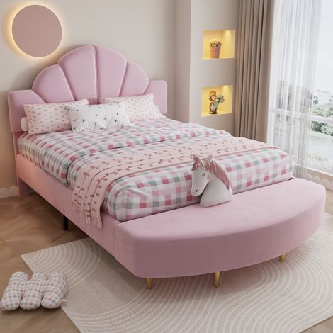Letto imbottito in velluto rosa 140x200 cm con panca coordinata inclusa e testiera morbida