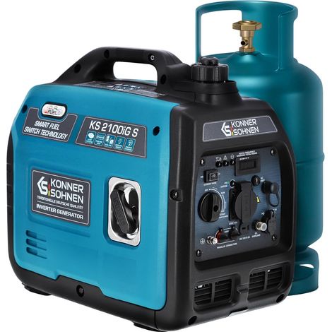 LPG/Benzin-Inverter-Generator KS 2100iG S von Könner & Söhnen. Schallgedämmtes Gehäuse (62 dB Lpa 7 m). Höchstleistung 2000 W, Schuko-Steckdose 230 V, 2 USB-Anschlüsse, LED-Anzeige, ECO-Modus, EURO V.