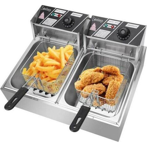 Friteuse électrique bicylindre en acier inoxydable de 12,7 litres (2500 W, 220-240 V) avec prise britannique. (1/5)
