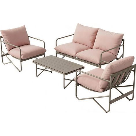 4-Personen-Gartenmöbelset: Sofa, Sessel, Tisch, Metall, Rosa