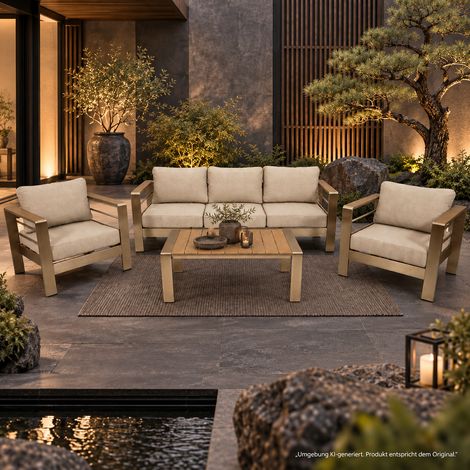 CANNES: Lounge Set (1x Sofa 207cm, 2x Sessel, 1x Loungetisch 106x60cm) Aluminium gebürstet, Armlehnen Kunstholz braun, mit Polsterauflagen hellgrau (1/5)