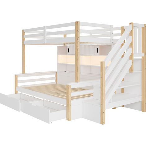 Kinder-Etagenbett 90 x 200 cm, Kiefer/MDF, Stauraumtreppe, LED, Steckdosen HOMVRA (1/5)