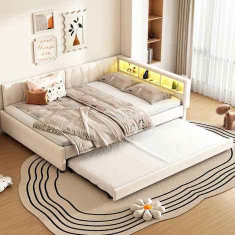 Ausziehbares Bett mit Ablagefächern 140x200 Beige OKMYHOME (1/5)