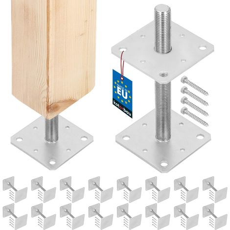 KOTARBAU® 16 pces. Support de Poteau - Acier Galvanisé - 160 x 160 x 250 mm - M24 - Argent - Pied Réglable - Support Poteau Bois - Fixation Robuste Extérieur Intérieur (1/5)