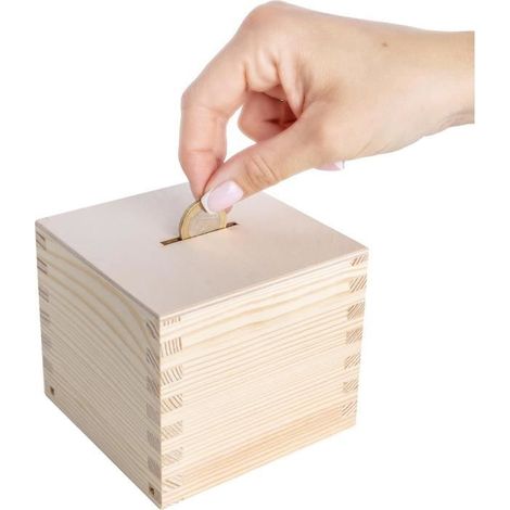 Tirelire décorative en bois, carrée, 9,5 x 9,5 x 9 cm, personnalisable pour une utilisation intérieure. (1/4)