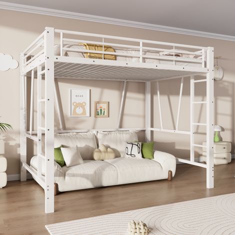Lit mezzanine, 140 x 200 cm, cadre de lit en métal, échelle double, espace de rangement ouvert sous le lit, matelas non inclus, blanc, lit enfant avec rangement, structure métallique robuste