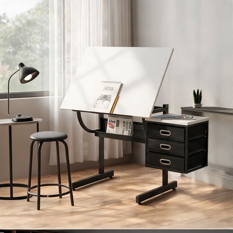 Table à dessin blanche avec tabouret et rangements en mDF métal (1/5)