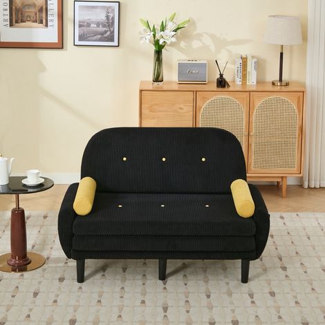 Canapé 2 places velours côtelé noir, convertible lit et fauteuil inclinable, avec rangement intégré salon 133,5x77x85cm (1/5)