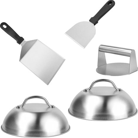 Relaxdays Smash Burger Set, 5 pièces, presse à burger, 2 cloches à fromage et 2 spatules, moule à galettes, inox, argent (1/5)