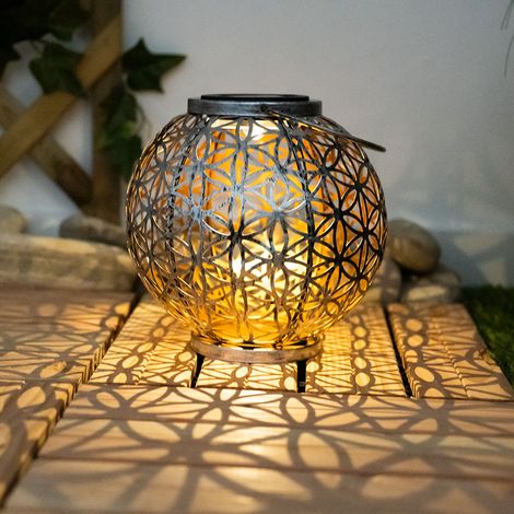 Globo – Lanterne solaire LED en métal argenté – Effet lumineux fleur de vie – IP44, blanc chaud, 20x29 cm, 8h autonomie