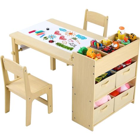Mesa de arte infantil con espacio de almacenamiento, para dibujar y realizar actividades, color madera natural. (1/2)