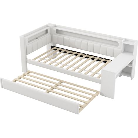 Lit de jour rembourré 90x200 avec ports USB et bande LED, avec lit gigogne et bureau, blanc (1/5)