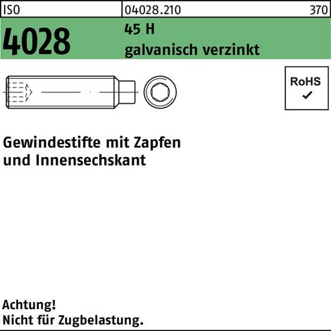 Gewindestift ISO 4028 Zapfen/Innensechskant M 12 x 3045 H galvanisch verzinkt 100 Stück