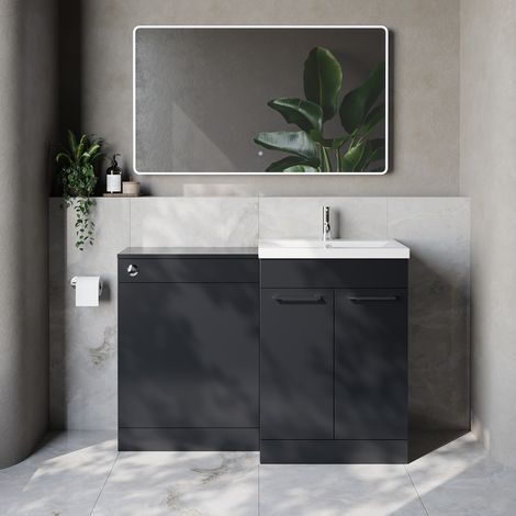 Napoli 390 Cento Gloss Grey 1200mm 2 Door Vanity Unit Toilet Suite with Glide Basin - 1200mm - Chrome 160mm HandleWithout Kingston Toilet Pan