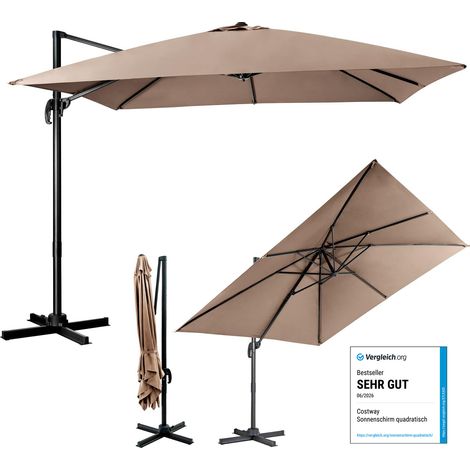 COSTWAY Sonnenschirm Φ300cm Ampelschirm, Terrassenschirm neigbar, Gartenschirm mit Kurbel & gekreuzter Basis, grosser Regenschirm Strandschirm Braun (1/4)
