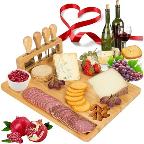 Plateau de service en bambou avec ensemble de 4 couteaux à fromage, compartimenté, 34 x 28 x 2 cm (1/5)