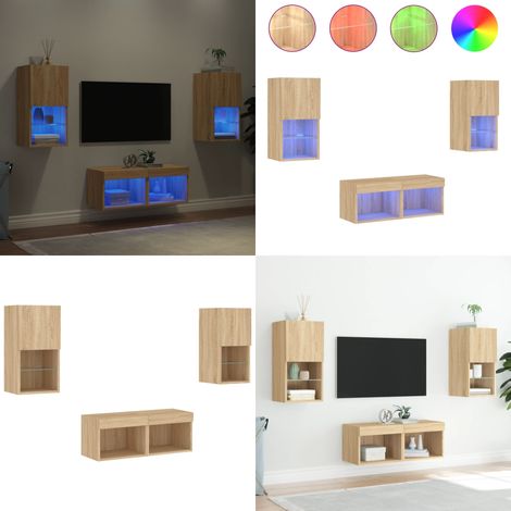 4-tlg. TV-Wohnwand mit LED-Leuchten Sonoma-Eiche - LED-Leuchten - Holzregal (1/5)
