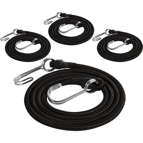 Pack of 4 Elastic Bungee Straps with Hooks, 150 cm for Bicycle, Pool Tent, Black. (1/5)