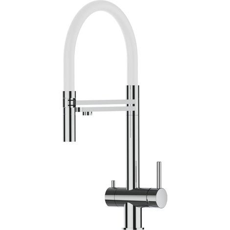 Rubinetto 3 vie miscelatore lavello cucina VIZIO in Acciaio INOX Lucido - Canna bianca movibile e doccia due getti staccabile - ACCIAIO CHIRURGICO AISI 316 (1/5)