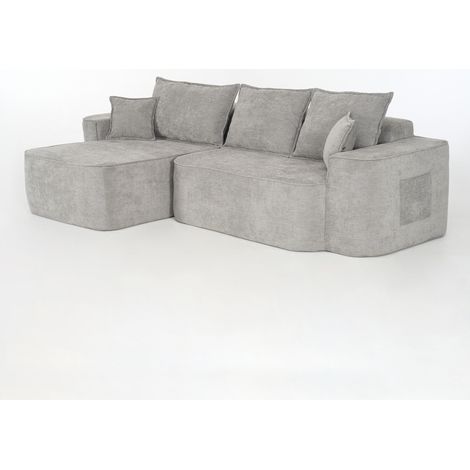 Divano angolare, divano da 3 posti, tasche laterali, 5 cuscini, in tessuto felpa (chenille), grigio (1/5)