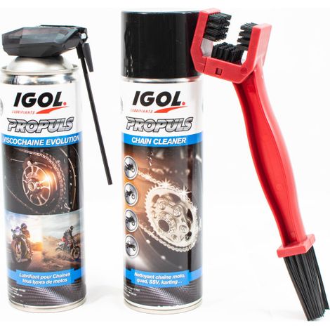 IGOL - Pack Entretien Chaîne pour Moto - Nettoyant Chaîne 500ml + Graisse lubrifiante 500ml + Brosse